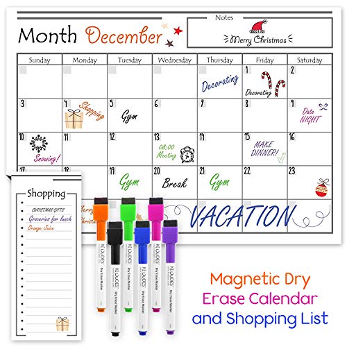 Product Cover USA Made Magnetic Dry Erase Calendar for Refrigerator with 6 Markers & Magnetic Shopping List - Kitchen Fridge Calendar White Board, Schedule Planner Wall Set