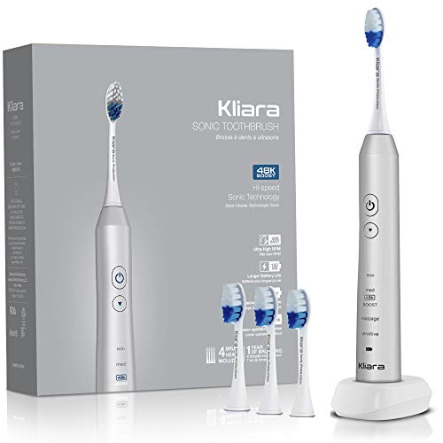 Product Cover Kliara Designer Electric Sonic Toothbrush for Adults | Rechargable & Waterproof | Fastest Motor in the World 48.000 BPM | 40 Days Battery | 4 Replacement Heads for 1 Year of Brushing Included | SILVER