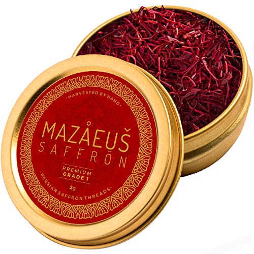 Product Cover Mazaeus Saffron, Premium Saffron Threads (Grade 1), All-Red Saffron Spice, Highest Quality Persian Saffron for Culinary Use (2 grams)