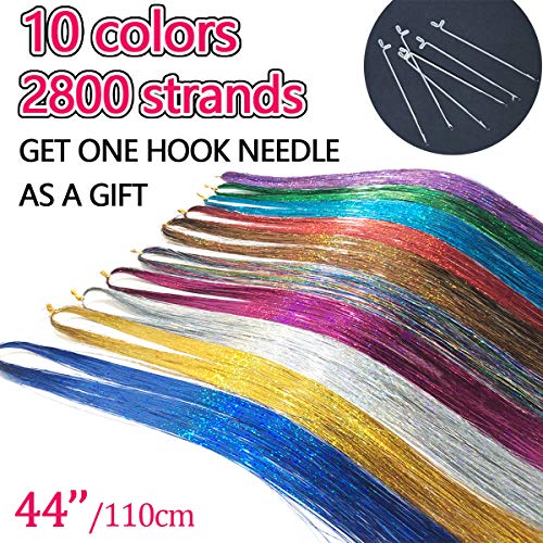 Product Cover Allbeauty Hair Tinsel Strands Kit 44 Inches 10 Colors Tinsel Hair Extensions 2800 Strands Fairy Hair Kit With Tool Heat Resistant Glitter Sparkling Shiny Hair Dazzle (10 Colors/Pack)
