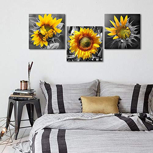 Product Cover Bedroom Wall Decor Modern Sunflower Decor for Bedroom Bathroom Kithen Wall Decor Black and White Yellow Canvas Art Wall Decoration for Office 3 Piece Canvas Wall Art Set Sunflower Art Picture Framed