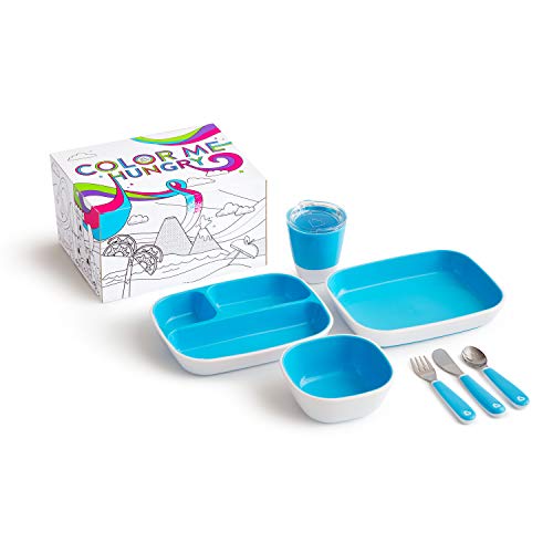 Product Cover Munchkin Color Me Hungry Splash 7pc Toddler Dining Set - Plate, Bowl, Cup, and Utensils in a Gift Box, Blue