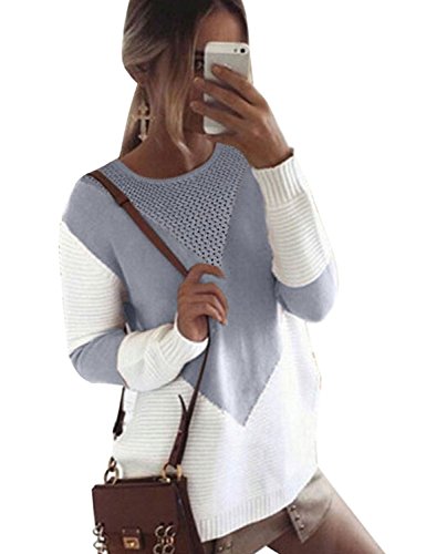 Product Cover shermie Women Long Sleeve Crew Neck Pullovers Stitching Color Loose Knitted Sweaters (Medium, Gray)