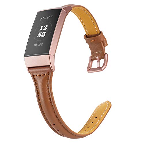 Product Cover Wearlizer Compatible with Charge 3 Bands for Women Slim Leather Replacement for Charge hr 3 Special Edition Rose Gold Band Assesories Strap Brown