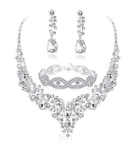 Product Cover Fiasaso 3pcs Crystal Bridal Jewelry Set for Women Rhinestone Necklace Earrings Bracelet Wedding Bridesmaid Silver Tone