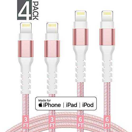 Product Cover AHGEIIY iPhone Charger Cable,MFi Certified Lightning Cable- 4Pack Nylon Braided Charger Cord Compatible for iPhone Xs, Max, XR, X, 8,7,6,6s Plus, 8, 7, 6, 6s, iPad,iPod and More - Pink