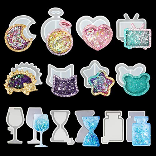 Product Cover UV Resin Molds LET'S RESIN Kawaii Resin Shaker Mold , Crystal Silicone Molds, Epoxy Resin Molds with Moon, Heart, Star, Hourglass, Cat, Wine Glass, Perfume Bottle, Beaker Glass molds,Etc