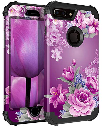 Product Cover Lontect Compatible iPhone 8 Plus Case Floral 3 in 1 Heavy Duty Hybrid Sturdy Armor High Impact Shockproof Protective Cover Case for Apple iPhone 8 Plus/iPhone 7 Plus - Black/Purple Flower