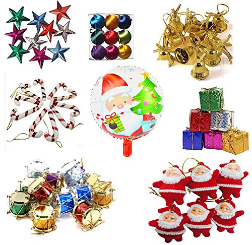 Product Cover Krisah 99 pcs Christmas Mini Ornaments Decoration Set (Satin Balls, Bells, Stars, Santa Claus Hanging, Candy Canes, Gifts, Drums & Santa Foil Balloon)