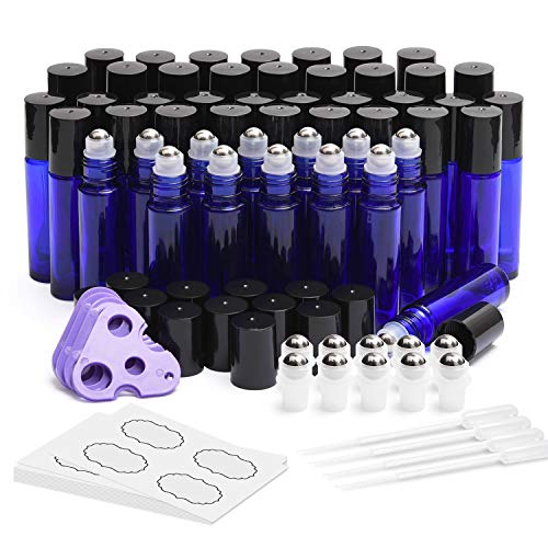 Product Cover Essential Oil Roller Bottles 48 Pack 10ml - ULG Cobalt Blue Glass Empty Bottles with Stainless Steel Roller Balls (10 Extra Roller Balls, 4 Openers, 4 Droppers, 48 Waterproof Labels)