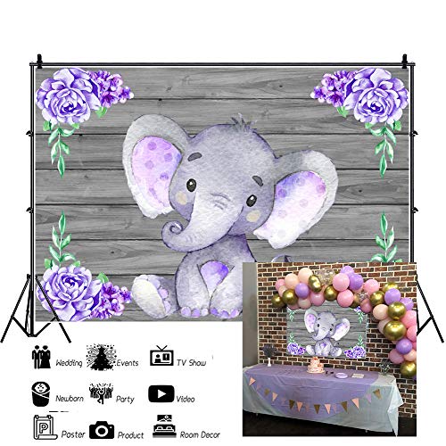Product Cover Laeacco Cute Purple Elephant Backdrops 7x5ft Polyester Photography Background Wooden Texture Wall with Purple Flowers Baby Shower Girls Baby Birthday Party Decoration Backdrops