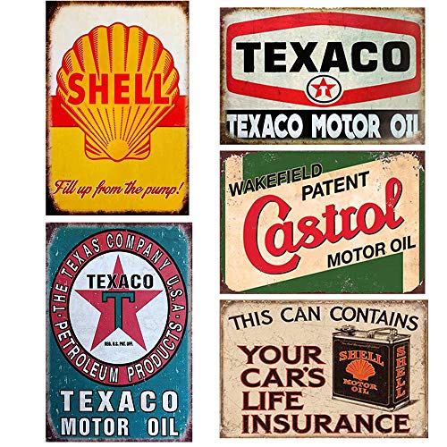 Product Cover FlowerBeads 5PCS Gas Motor Oil Antique Tin Signs, Vintage Garage Man Cave Retro Posters Bar Pub Wall Decor - 20X30cm