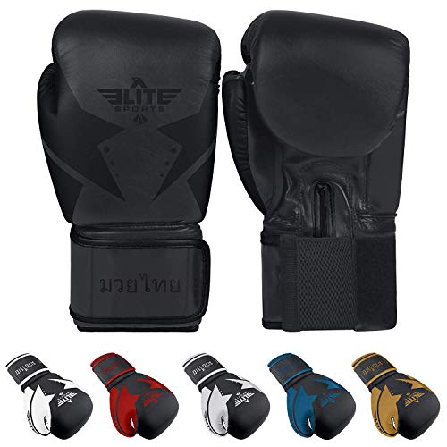 Product Cover Elite Sports Muay Thai Gloves, Men's, Women's Best Kickboxing Pair of Breathable Gloves (Black, 14 oz)