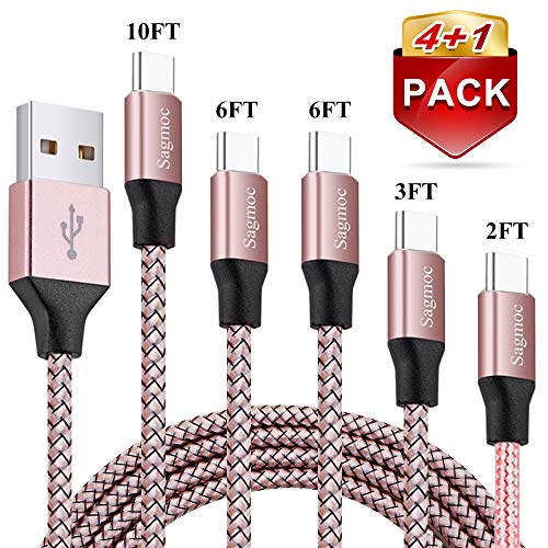 Product Cover USB Type C Charger Cable Rose Gold - Sagmoc Premium Shiny High Speed Charging Cord Nylon Braided【4+1 Pack】 10FT 2x6FT 3FT 2FT for Samsung S9 S8 Plus, Note 8, LG V30 G6 G5, Pixel, Nexus 6P 5X (Pink)