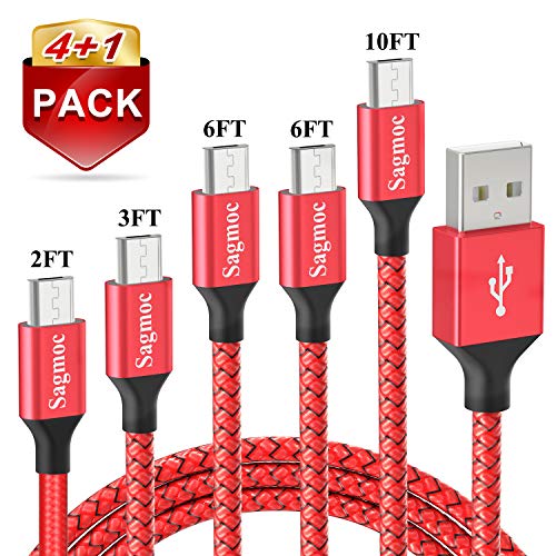 Product Cover Micro USB Cable Android Charger Red - Sagmoc Premium Shiny Charging Cord Nylon Braided【4+1 Pack】 10FT 2x6FT 3FT 2FT for Samsung, Nexus, LG, HTC, Nokia, Sony, Moto, HP, BlackBerry
