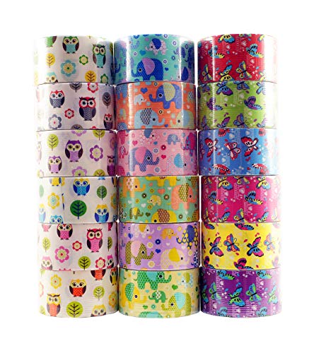 Product Cover 18 Roll Variety Pack of Decorative Duct Style Tape, Each Roll 1.88 Inch x 5 Yards, Ideal for Scrapbooking - Decorating - Signage (6 Elephant + 6 Owl + 6 Butterfly)