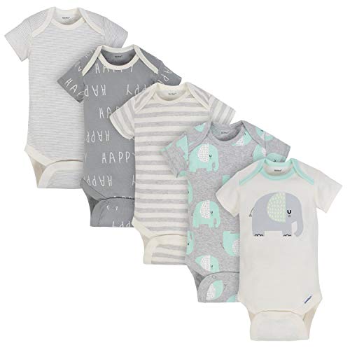 Product Cover GERBER Baby 5-Pack Organic Short-Sleeve Onesies Bodysuits, Happy Elephant, 6-9 Months