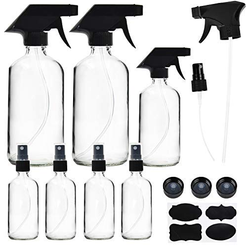 Product Cover 7 Pack Clear Glass Spray Bottles, 2 Pack 16 Ounce Empty Spray Bottles, 8 Ounce Glass Spray Bottle and 4 Pack 2 Ounce Glass Spray Bottles for Essential Oils, Cleaning Products, Aromatherapy, Mist Plant