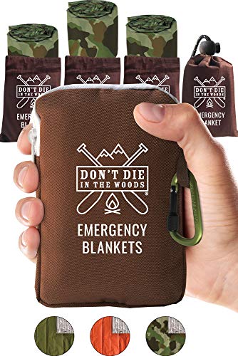 Product Cover Don't Die In The Woods World's Toughest Emergency Blankets | 4 Pack Extra Large Thermal Mylar Foil Space Blanket for Hiking, Marathon Running, First Aid Kits, Outdoor Survival Gear | Camo