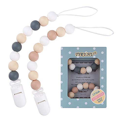 Product Cover Pacifier Clip, TYRY.HU Silicone Teething Beads Binky Teether Holder for Girls, Baby Shower Gift, 2 Pack (White+Grey)