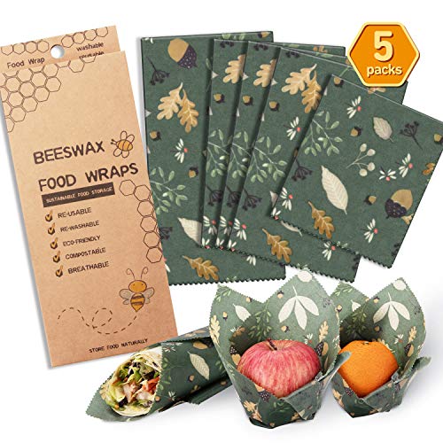 Product Cover Beeswax Wrap Assorted 5 Packs, Eco Friendly Reusable Food Wraps, Biodegradable, Sustainable Plastic Free Food Storage- 1 Small, 3 Medium, 1 Large- Say Goodbye to Plastic