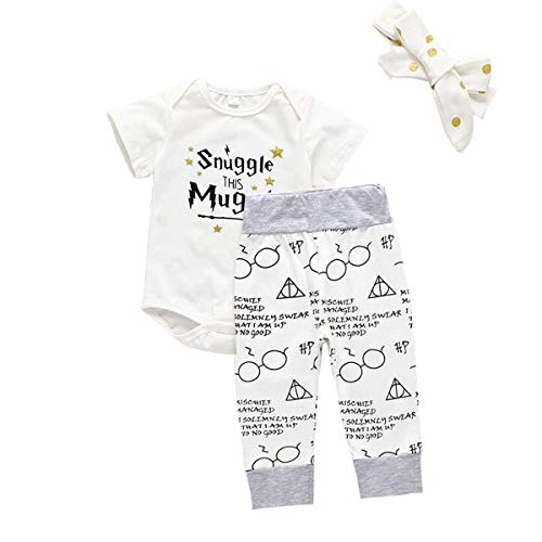 Product Cover MOLYHUA Toddler Girl's Boys Clothes, 3Pcs Infant Kids Snuggle This Mug Romper Shorts Headband Outfits Set (6-9Month, White)