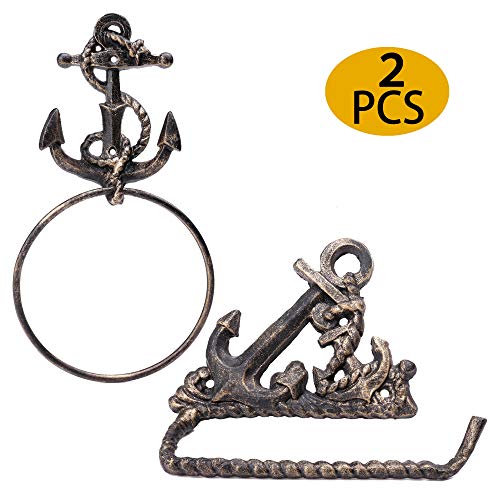 Product Cover Nautical Cast Iron Anchor Rope Towel Ring and Toilet Paper Holder 2 PCS Large 6