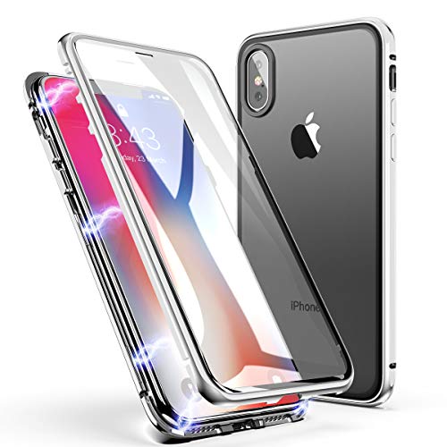 Product Cover iPhone X Case, iPhone Xs Case, ZHIKE Magnetic Adsorption Case Front and Back Tempered Glass Full Screen Coverage One-Piece Design Flip Cover for Apple iPhone X/XS (Clear White)