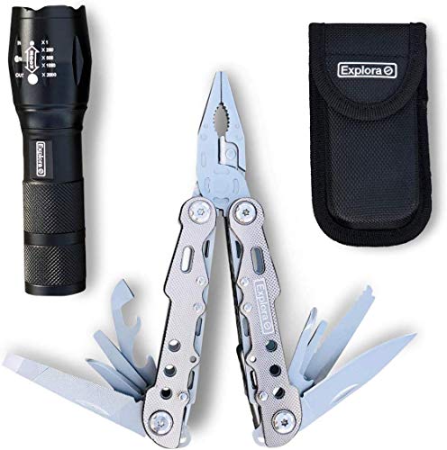 Product Cover Explora Multitool Knife/Pliers + Pouch/Sheath & FREE Super Bright LED Torch/Flashlight, for Camping, Fishing, Hiking, Outdoor, Survival, Hunting, DIY, Handyman