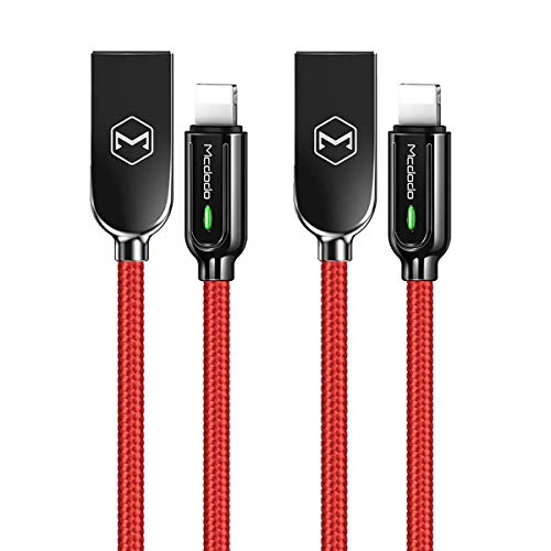 Product Cover Upgraded Power Off/On Smart LED Auto Disconnect Nylon Braided Sync Charge USB Data 6FT/1.8M Cable Compatible iPhone/iPad Pro/Air,iPad Mini,iPod (2 Pack Red (iPhone), 6FT)