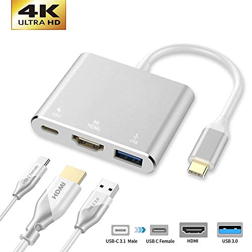 Product Cover USB C to HDMI Adapter, Qidoou USB Type C Adapter Multiport AV Converter with 4K HDMI Output, USB 3.0 Port and USB-C Charging Port Compatible MacBook/iMac/Chromebook/Samsung/Projector/Monitor (Silver)