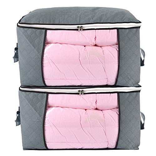 Product Cover Jumbo Zippered Storage Bag for Closet King Comforter, Pillow, Quilt, Bedding, Clothes, Blanket Organizers with Large Clear Window & Carry Handles Space Saver (2 Pack Grey)