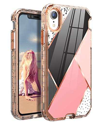 Product Cover SKYLMW Case for iPhone XR 2018(6.1 inch),Specular Reflection Shockproof Three Layer Protective Hard Plastic & Soft TPU Sturdy Armor High Impact Resistant Cover for Women/Girls,Marble/Gold Clear
