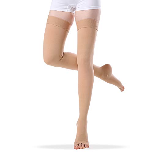 Product Cover Open Toe Compression Stockings Women Men, Thigh-High Firm Support 20-30 mmHg Graduated Compression Socks - Moderate Toeless Medical Support Hose Swelling Varicose Veins Edema (Beige, Large)
