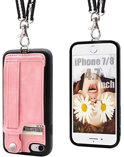 Product Cover TOOVREN iPhone 7/8 Wallet Case Lanyard Neck Strap iPhone 7/8 TPU Protective Purse Case Cover with Kickstand Leather PU Card Holder Adjustable Detachable Necklace for Anti-Lost and Outdoors Pink
