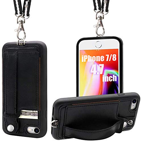 Product Cover TOOVREN iPhone 7/8 Wallet Case Lanyard Neck Strap iPhone 7/8 TPU Protective Purse Case Cover with Kickstand Leather PU Card Holder Adjustable Detachable Necklace for Anti-Lost and Outdoors Black