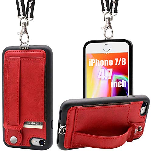 Product Cover TOOVREN iPhone 7/8 Wallet Case Lanyard Neck Strap iPhone 7/8 TPU Protective Purse Case Cover with Kickstand Leather PU Card Holder Adjustable Detachable Necklace for Anti-Lost and Outdoors Red