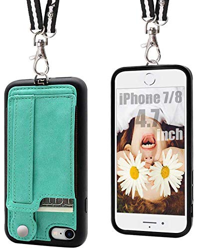 Product Cover TOOVREN iPhone 7/8 Wallet Case Lanyard Neck Strap iPhone 7/8 TPU Protective Purse Case Cover with Kickstand Leather PU Card Holder Adjustable Detachable Necklace for Anti-Lost and Outdoors Aqua