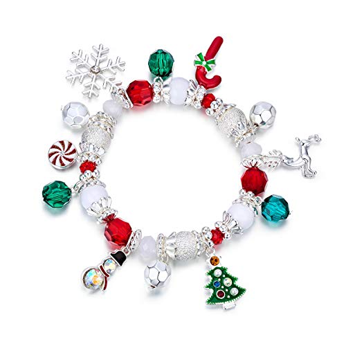 Product Cover RareLove Christmas Snowflake Charm Beaded Bracelet Stretch Strand Elastic Crystal Silver Tone Dangle Xmas Tree Reindeer Women Girls