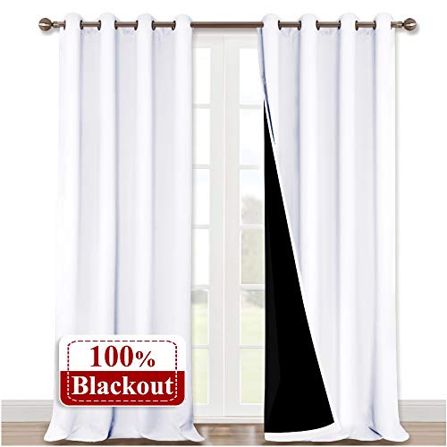 Product Cover NICETOWN White 100% Blackout Curtains for Windows, Super Heavy-Duty Black Lined Total Darkness Drapes for Bedroom, Privacy Assured Window Treatment for Patio (Pack of 2, 52 inches W x 108 inches L)