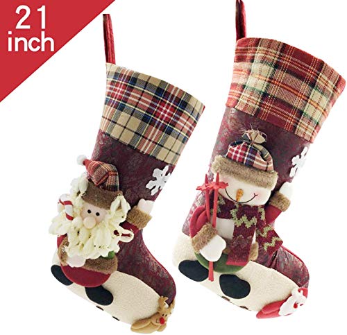 Product Cover Plaid Christmas Stockings Set of 2 for Family, 21 inch Felt Large Plush 3D Reindeer Santa Claus Snowman Snowflake Design Hanging Bags, Socks - Holiday Kids Gift for Decor Xmas Tree,Mantel (Red)