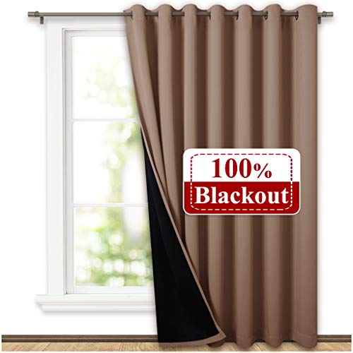 Product Cover NICETOWN Thermal Insulated 100% Blackout Curtain, Noise Reducing Performance Grommet Slider Curtain Panel with Black Lining, Full Light Blocking Patio Door Panel (1 PC, 100 inches x 84 inches, Taupe)