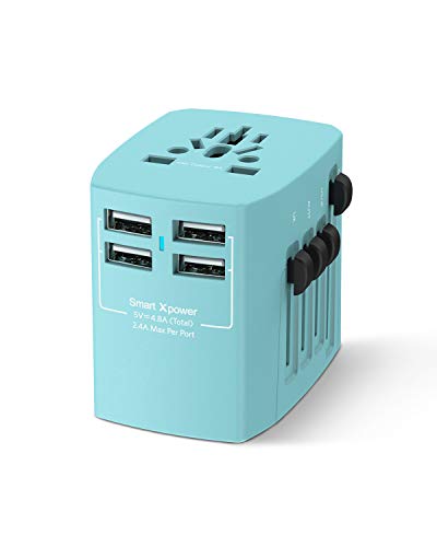 Product Cover Xcentz Universal Travel Adapter, 4 USB Ports 4.8A Worldwide Travel Charger Travel Socket, 2000W High Power All in One Travel Adapter for USA EU UK AUS European Cell Phone Tablet Laptop (Blue)