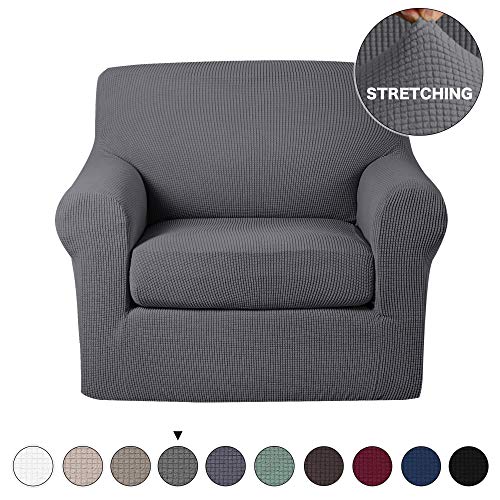 Product Cover Turquoize 2 Piece Chair Slipcovers with Elastic Bottom Gray Sofa Slipcover Sofa Cover Furniture Protector for Living Room Arm Chair Cover with Polyester Jacquard Small Check (Chair, Charcoal Gray)