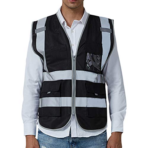 Product Cover Safety Vest With Multi Pockets and Zipper Class 2 High Visibility Meets ANSI/ISEA Standards， (Mediun,black)