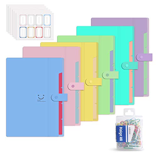 Product Cover 6 Pack Plastic Expanding File Folder 5 Pocket,Accordion Document Organizer,A4 Letter Size,with 80Pcs Colored Paper Clip and 48Pcs File Folder Labels for School Office Business Use