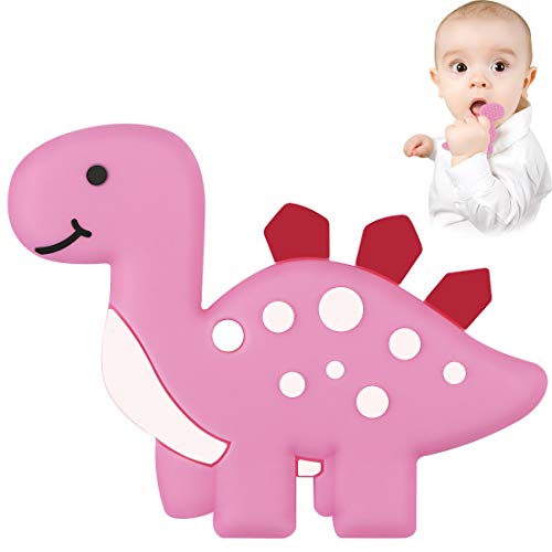 Product Cover Dinosaur Baby Teether - Bestwin BPA Free Silicone Teething Toy for Baby Shower 0 3 6 12 Months 1 Year Old Christmas Gifts (Pink)