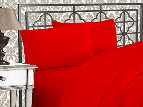 Product Cover Elegant Comfort Luxurious 1500 Thread Count Egyptian Three Line Embroidered Softest Premium Hotel Quality 4-Piece Bed Sheet Set, Wrinkle and Fade Resistant, King, Red