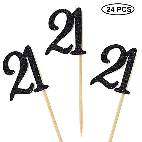 Product Cover 24 PCS 21th Cupcake Toppers - Anniversary or Birthday Cupcake Picks Party Decoration | Black 21th