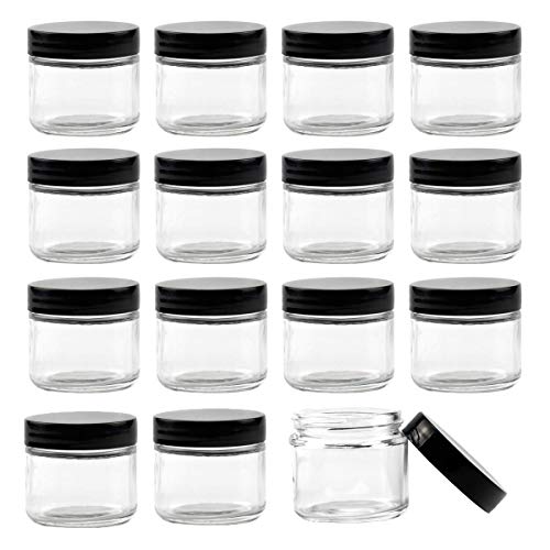 Product Cover Bekith 15 pack 2oz Round Jar Straight Sided Clear Glass Jars, Airtight Glass Jar with Black Plastic Smooth Lids